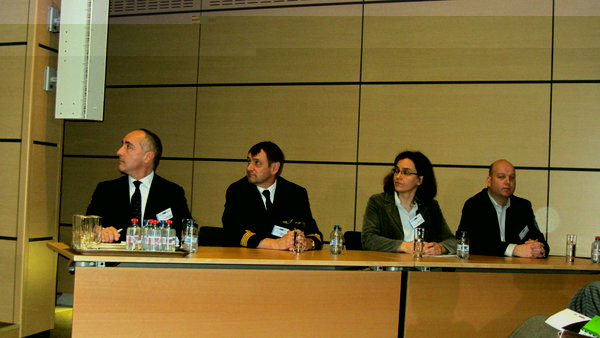 The speakers: C Borghini (SESAR), Capt Ph Coupez (Airbus fleet manager Brussels Airlines), Ir. E Peeters (Environmental Adviser Belgocontrol), Ir. G Geentjes (Acoustic Lab KUL)