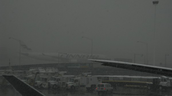 A barely visible AY A330 just after landing from HEL. Many domestic flights were cancelled that evening.