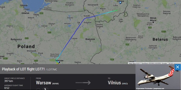 Itinerary LO771 Warsaw-Vilnius, carefully avoiding the overfly of Belarus