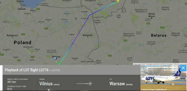 Itinerary LO776 Vilnius-Warsaw, carefully avoiding the overfly of Belarus