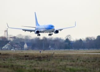TUI fly Deutschland aircraft with blown tires blocking Fuerteventura airport runway