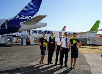 airBaltic exhibits Airbus A220-300 at 2018 Farnborough Airshow
