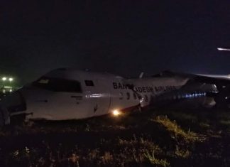 Biman Bangladesh Bombardier Dash 8 Q400 skids off runway at Yangon, Myanmar