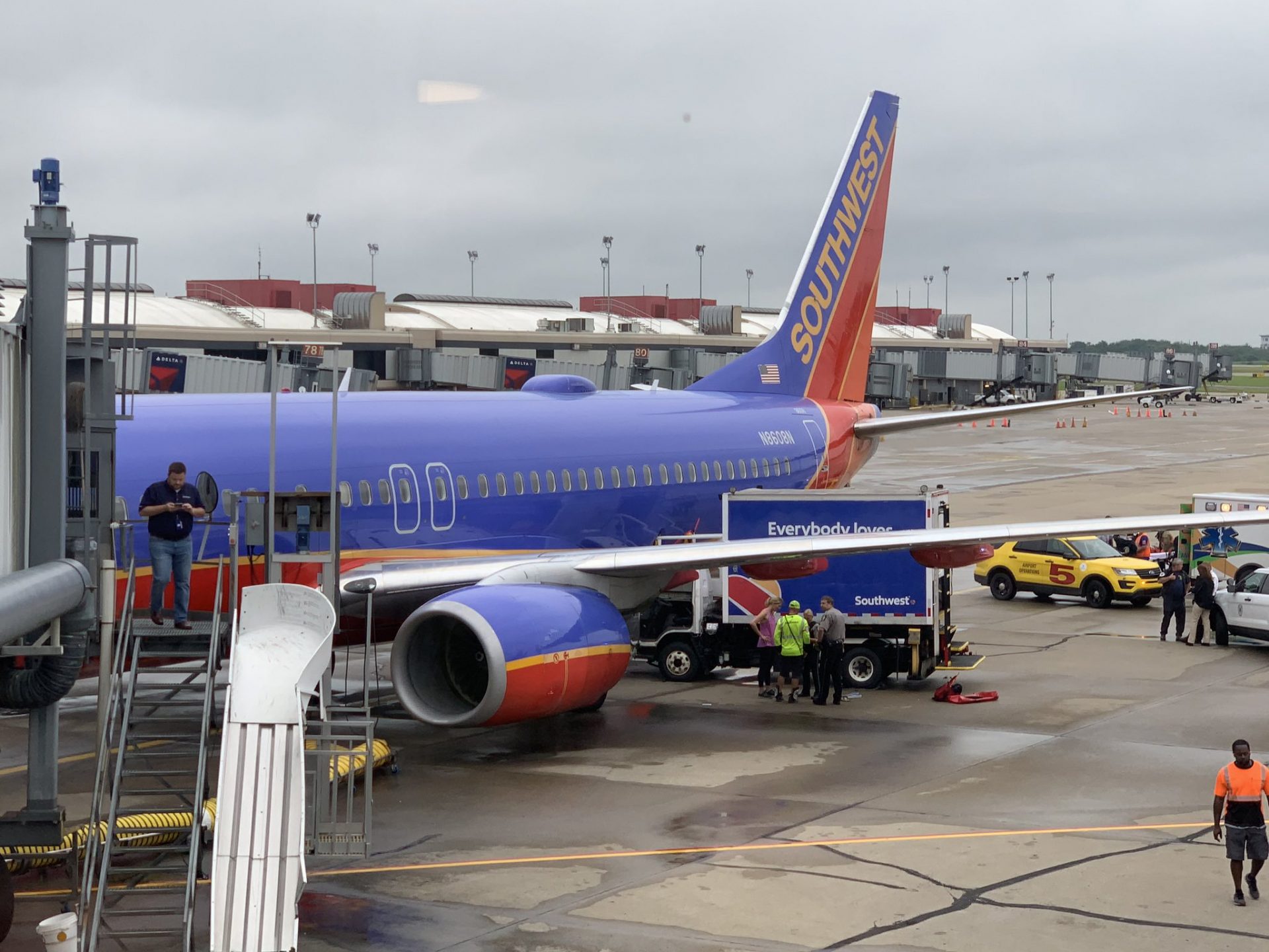 Catering truck hits Southwest Airlines Boeing 737, truck driver treated in hospital while flight