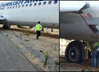 Turkish Airlines Boeing 737-800 ends up next to taxiway and gets stuck