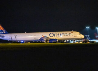 Onur Air, operating for Holiday Europe, ends up into soft surface after landing at Nuremberg Airport