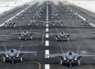 52 Air Force F-35A aircraft from the 388th and 428th Fighter Wings symbolically form up in an “elephant walk” exercise at Hill Air Force Base, Utah, U.S.
