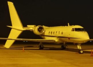 Thai Airways Airbus A330 clips tail of parked Gulfstream IV business jet at Vientiane Airport (Laos)