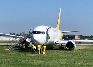 DHL Boeing 737-400 freighter, operated by Kalitta Charters II, skids off runway just before take-off at Rochester Airport, NY, United States
