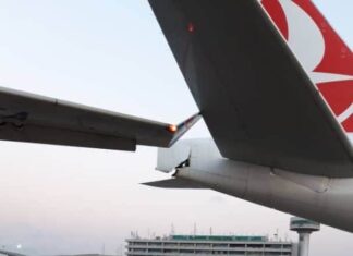 Middle East Airlines Airbus A330 clips with parked Turkish Airlines Boeing 777 at Lagos, Nigeria