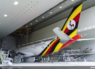 Brand new Uganda Airlines Airbus A330-800 rolls out of the paint shop