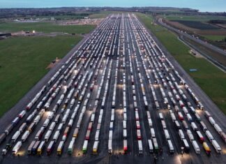 Aerial footage shows scale of massive lorry park at Manston airport, United Kingdom