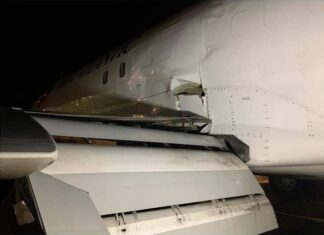 Severely damaged West Atlantic UK Boeing 737-400 after hard touchdown at Exeter Airport, United Kingdom