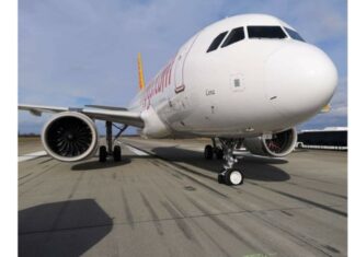 Pegasus Airlines Airbus A320neo lands at Basel-Mulhouse, France, with nose-gear tilted 90 degrees