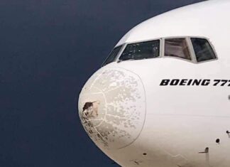 Emirates Airline Boeing 777 encounters hail strike shortly after take-off Milan Malpensa