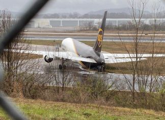 UPS Boeing 767-300 freighter gets stuck during taxi at Birmingham, Alabama, U.S.