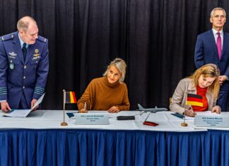 Belgian Defence Minister Ludivine Dedonder signs for a second “Belgian” A330 MRTT refuelling and transport aircraft
