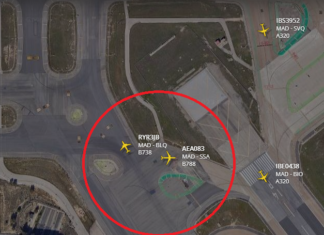 Ryanair Boeing 737 and Air Europa Boeing 787-8 clip wings at holding point Madrid runway