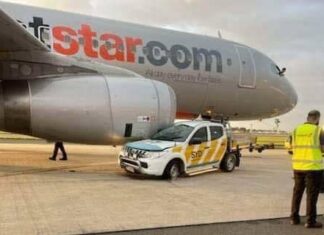 Engine of Jetstar Airbus A320 gets damaged after security vehicle collision