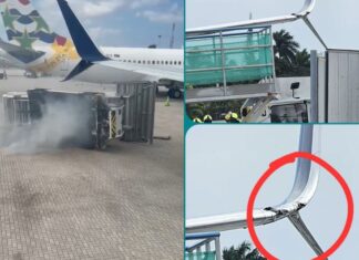Delta Air Lines plane damaged by stairs truck at George Town, Cayman Islands
