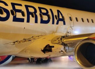 Marathon Airlines (operating for Air Serbia) Embraer E195LR hits runway lights during take-off from Belgrade Airport