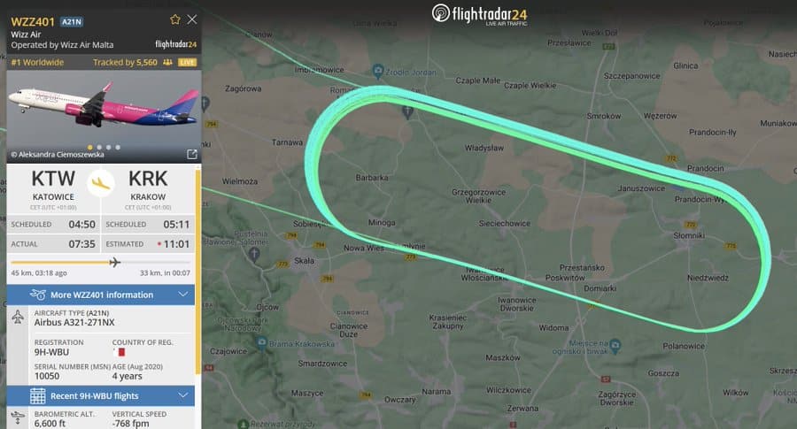 Wizz Air plane circles Kraków Airport 27 times amid fog chaos