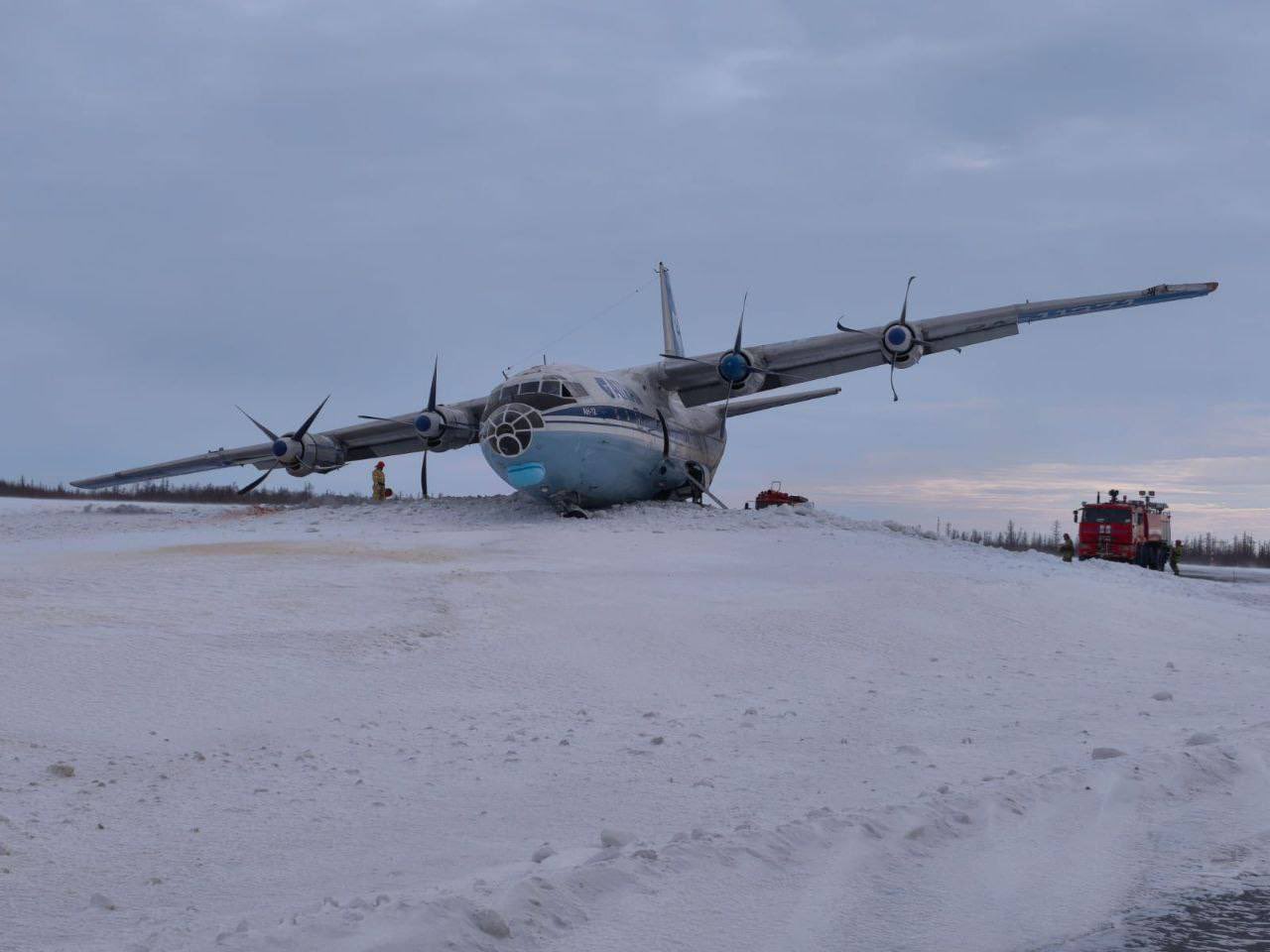 Atran Airlines Antonov An-12BK skids into snowdrift after landing gear failure in Russia