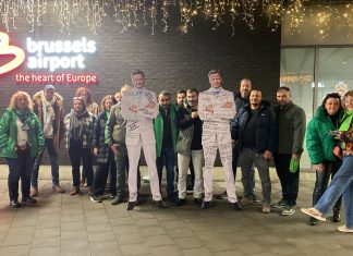 Trade union ACV Puls stages action at Brussels Airport with cardboard CEO